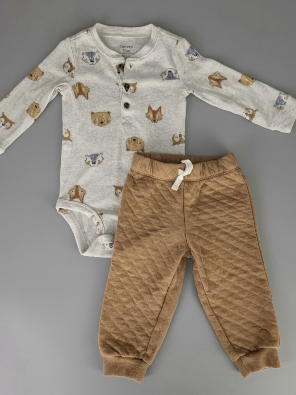 Carter's Woodland Animal Print Bodysuit & Tan Quilted Pants Set 12 Months